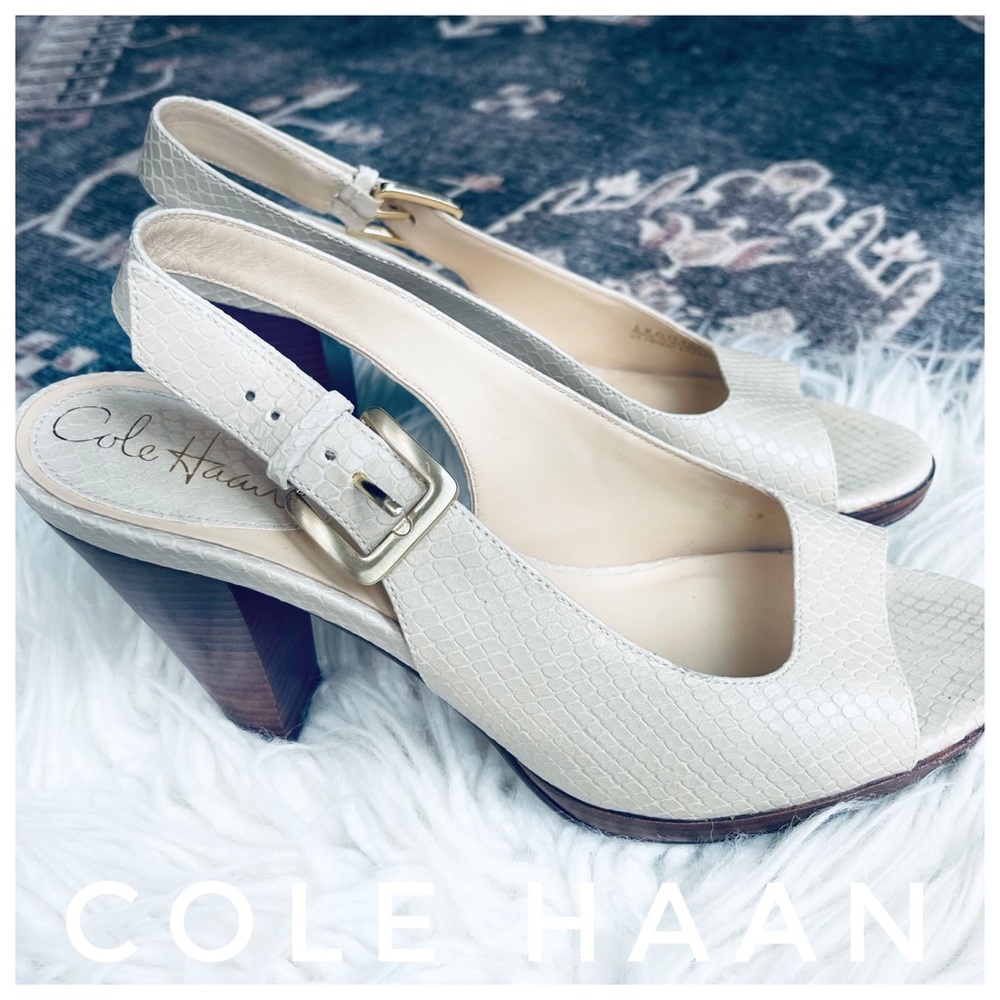 COLE HAAN animal print cream leather open toe wood block heel sling back buckle
